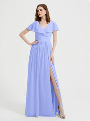 Mancherons Longue Mousseline Robes Avec Fente Lavande