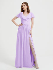 Mancherons Longue Mousseline Robes Avec Fente Lilas Grande Taille