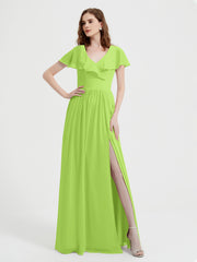 Mancherons Longue Mousseline Robes Avec Fente Vert Citron
