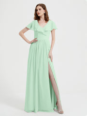 Mancherons Longue Mousseline Robes Avec Fente Vert Menthe Grande Taille