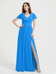 Mancherons Longue Mousseline Robes Avec Fente Bleu Océan Grande Taille
