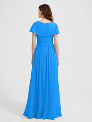 Mancherons Longue Mousseline Robes Avec Fente Bleu Océan Grande Taille