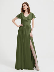 Mancherons Longue Mousseline Robes Avec Fente Olive Verte