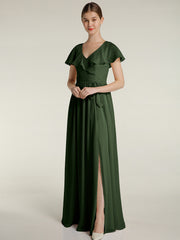 Mancherons Longue Mousseline Robes Avec Fente Olive Verte