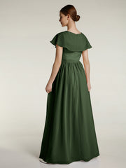 Mancherons Longue Mousseline Robes Avec Fente Olive Verte Grande Taille