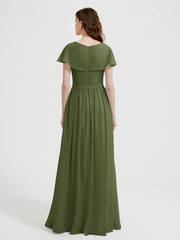 Mancherons Longue Mousseline Robes Avec Fente Olive Verte Grande Taille