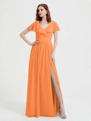 Mancherons Longue Mousseline Robes Avec Fente Orange Grande Taille