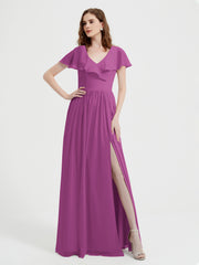 Mancherons Longue Mousseline Robes Avec Fente Orchidee