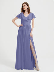 Mancherons Longue Mousseline Robes Avec Fente Pervenche Grande Taille