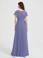 Mancherons Longue Mousseline Robes Avec Fente Pervenche