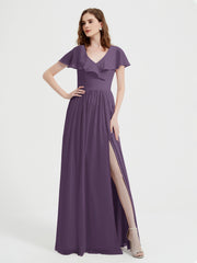 Mancherons Longue Mousseline Robes Avec Fente Plum Grande Taille