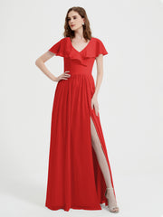 Mancherons Longue Mousseline Robes Avec Fente Rouge Grande Taille