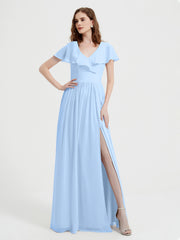 Mancherons Longue Mousseline Robes Avec Fente Bleu Ciel Grande Taille