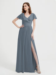 Mancherons Longue Mousseline Robes Avec Fente Bleu de Schiste Grande Taille