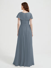 Mancherons Longue Mousseline Robes Avec Fente Bleu de Schiste Grande Taille