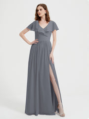 Mancherons Longue Mousseline Robes Avec Fente Gris Acier Grande Taille