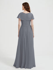 Mancherons Longue Mousseline Robes Avec Fente Gris Acier Grande Taille