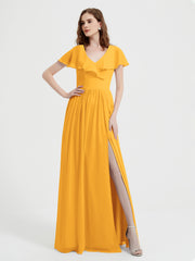Mancherons Longue Mousseline Robes Avec Fente Mandarine Grande Taille