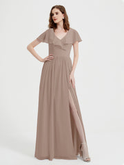 Mancherons Longue Mousseline Robes Avec Fente Taupe Grande Taille