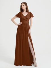 Mancherons Longue Mousseline Robes Avec Fente terracotta