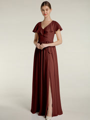 Mancherons Longue Mousseline Robes Avec Fente terracotta