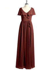 Mancherons Longue Mousseline Robes Avec Fente terracotta