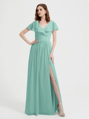 Mancherons Longue Mousseline Robes Avec Fente Turquoise Grande Taille