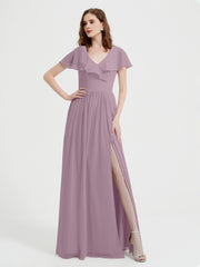 Mancherons Longue Mousseline Robes Avec Fente Vintage Mauve Grande Taille