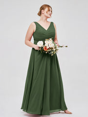 Col en V Mousseline Longue Robe de Demoiselles d'honneur Olive Verte Grande Taille