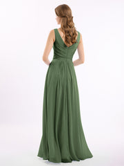 Col en V Mousseline Longue Robe de Demoiselles d'honneur Olive Verte