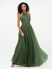 Boho Robes Maxi en Tulle Illusion à Licou Olive Verte