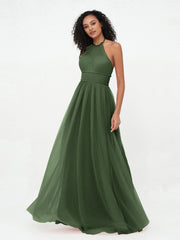 Boho Robes Maxi en Tulle Illusion à Licou Olive Verte