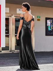 Robe Sirène en Satin Extensible à Hors de l'Épaule Noir