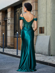 Robe Sirène en Satin Extensible à Hors de l'Épaule Vert Foncé Grande Taille