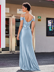 Robe Sirène en Satin Extensible à Hors de l'Épaule Bleu Poudré Grande Taille