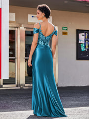 Robe Sirène en Satin Extensible à Hors de l'Épaule Bleu Encre Grande Taille