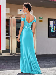 Robe Sirène en Satin Extensible à Hors de l'Épaule Jade