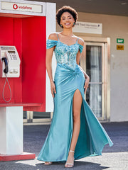 Robe Sirène en Satin Extensible à Hors de l'Épaule Teal Grande Taille