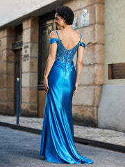 Robe Sirène en Satin Extensible à Hors de l'Épaule Bleu Océan Grande Taille