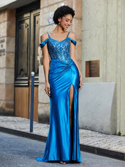 Robe Sirène en Satin Extensible à Hors de l'Épaule Bleu Océan Grande Taille