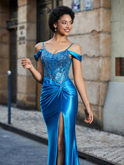 Robe Sirène en Satin Extensible à Hors de l'Épaule Bleu Océan Grande Taille