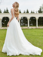 Robe de Mariée Appliquée à Col en V Plongeant en Dentelle Champagne