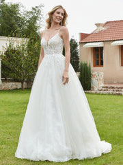 Robe de Mariée Appliquée à Col en V Plongeant en Dentelle Champagne