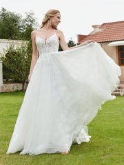 Robe de Mariée Appliquée à Col en V Plongeant en Dentelle Champagne