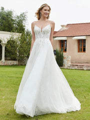 Robe de Mariée Appliquée à Col en V Plongeant en Dentelle Ivoire