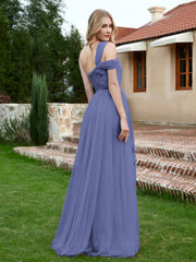 Robe Plissée en Tulle Sans Manches à Une Épaule Pervenche Grande Taille