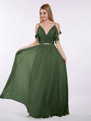 Bretelle Spaghetti Mousseline Robe avec Col en V Olive Verte