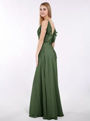 Bretelle Spaghetti Mousseline Robe avec Col en V Olive Verte