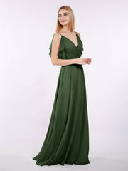 Bretelle Spaghetti Mousseline Robe avec Col en V Olive Verte