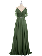 Bretelle Spaghetti Mousseline Robe avec Col en V Olive Verte